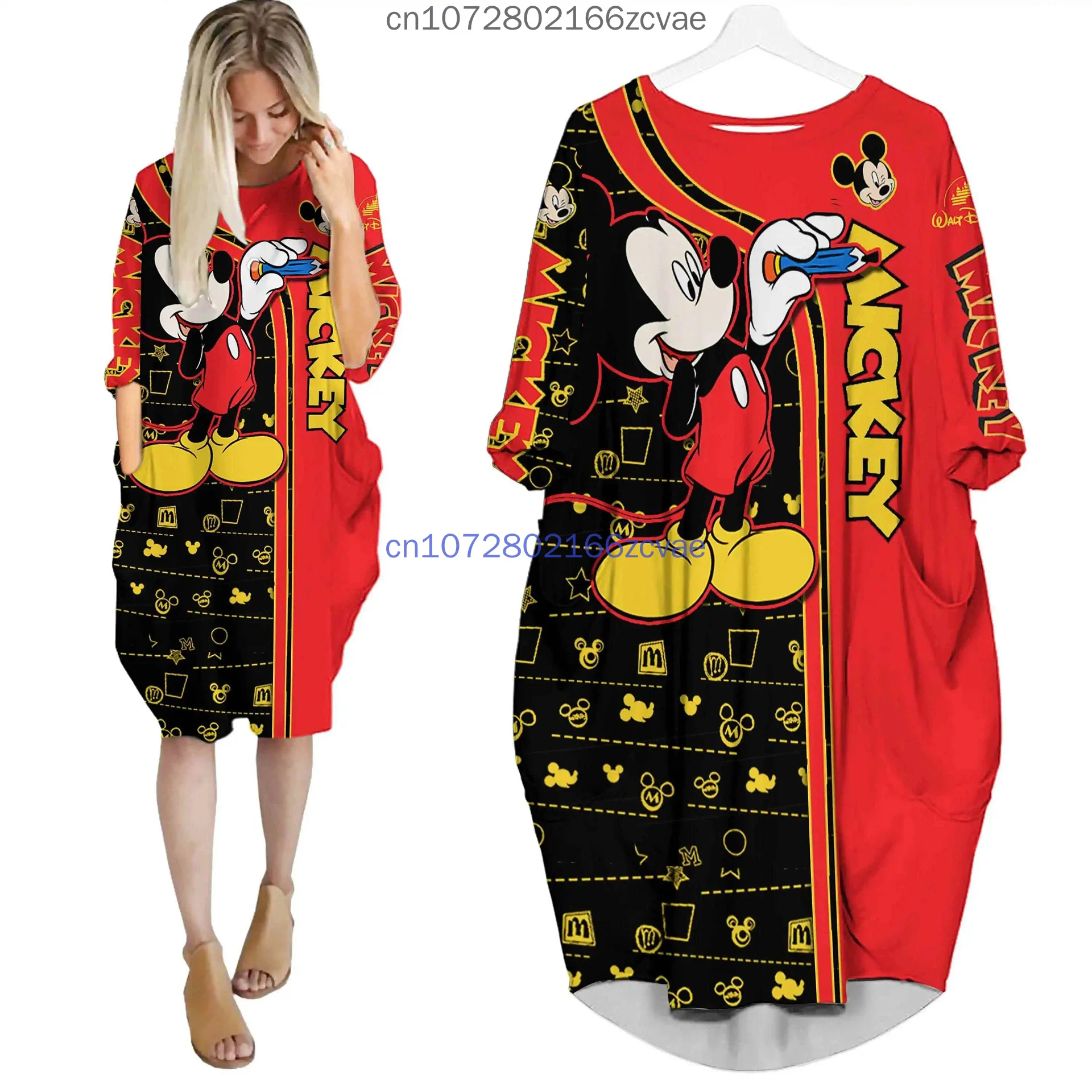 Disney-Vestido de bolso feminino Mickey Mouse Batwing, vestidos femininos extragrandes, pulôver impresso em 3D, novo, 2022