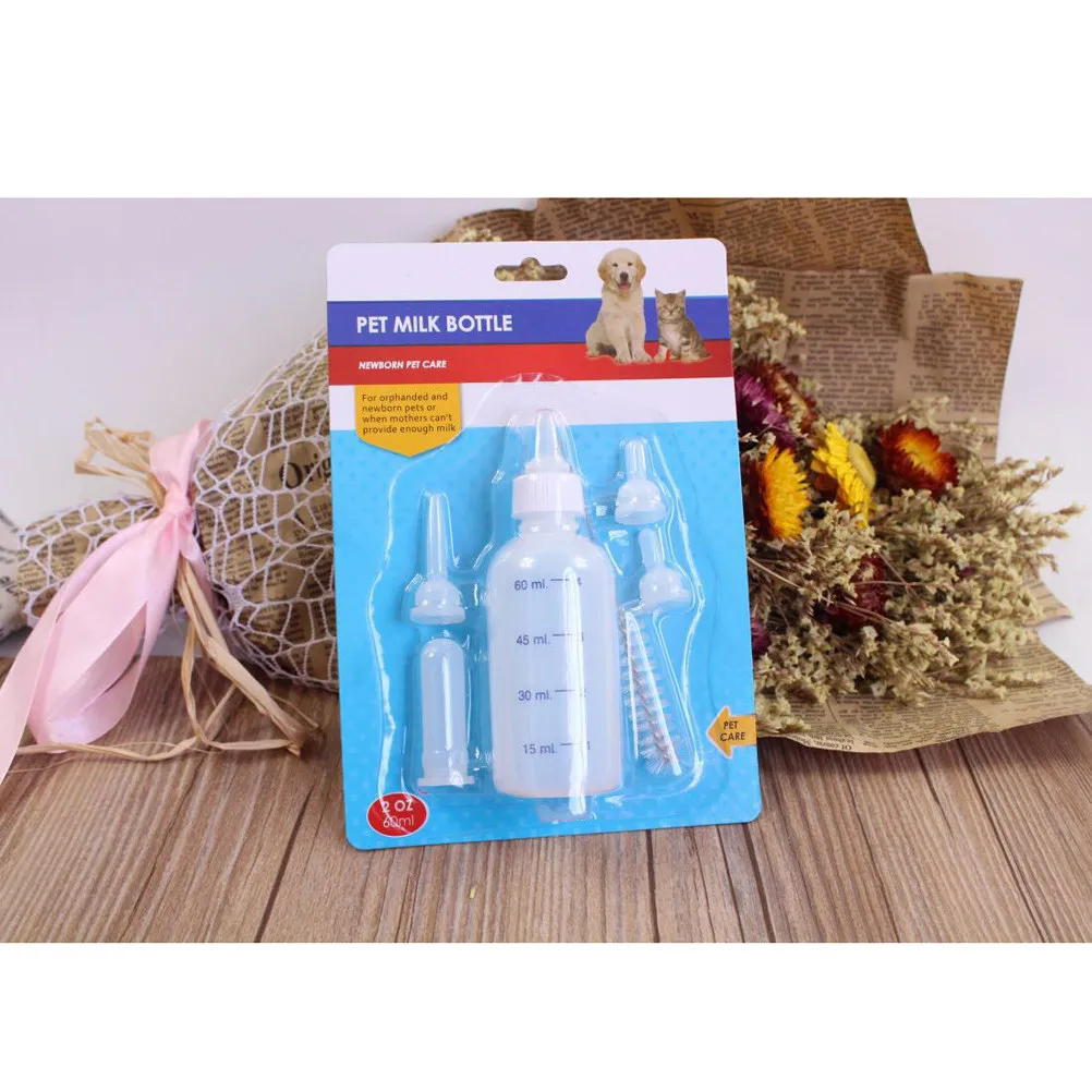 Pet Milk Bottle Set 60ml for Puppies Kittens Small Animals – Easy-Clean Nursing Kit with Measurement Scale