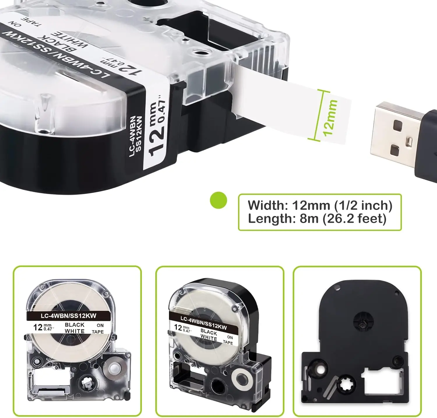 12 mm SS12KW LC-4WBN SC12RW SC12YW SC12BW Label Compatible for Epson LW-300 LW-400 LW-700 Label Maker