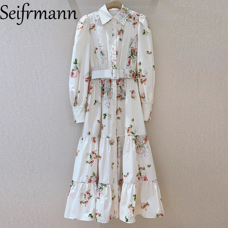 Seifrmann 夏の女性のドレス長袖ファッションターンダウン襟シングルブレスト花柄カジュアルドレスベルト付き