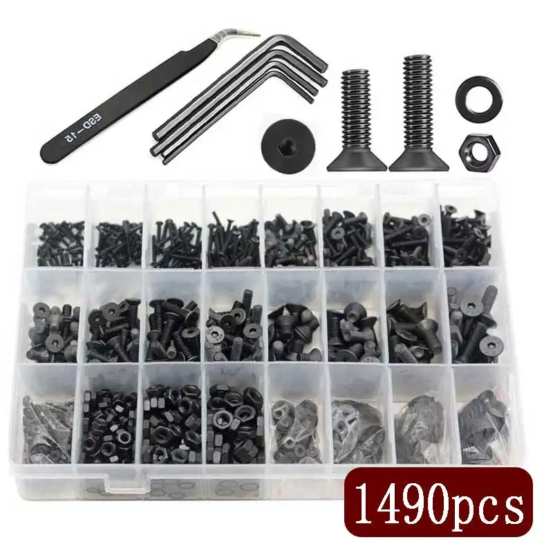 M2 M3 M4 M5 Black Flat Head Bolts Nuts Washers Kit 1490pcs Carbon Steel Socket Head Screws Set With Hexagon Wrench And Tweezers