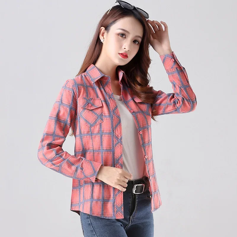 2023 Brand Fine 100% Cotton Flannel Plaid Shirts Women Long Sleeve Fresh Preppy Style Lady Tops And Blouse Casual Ladies Clothes