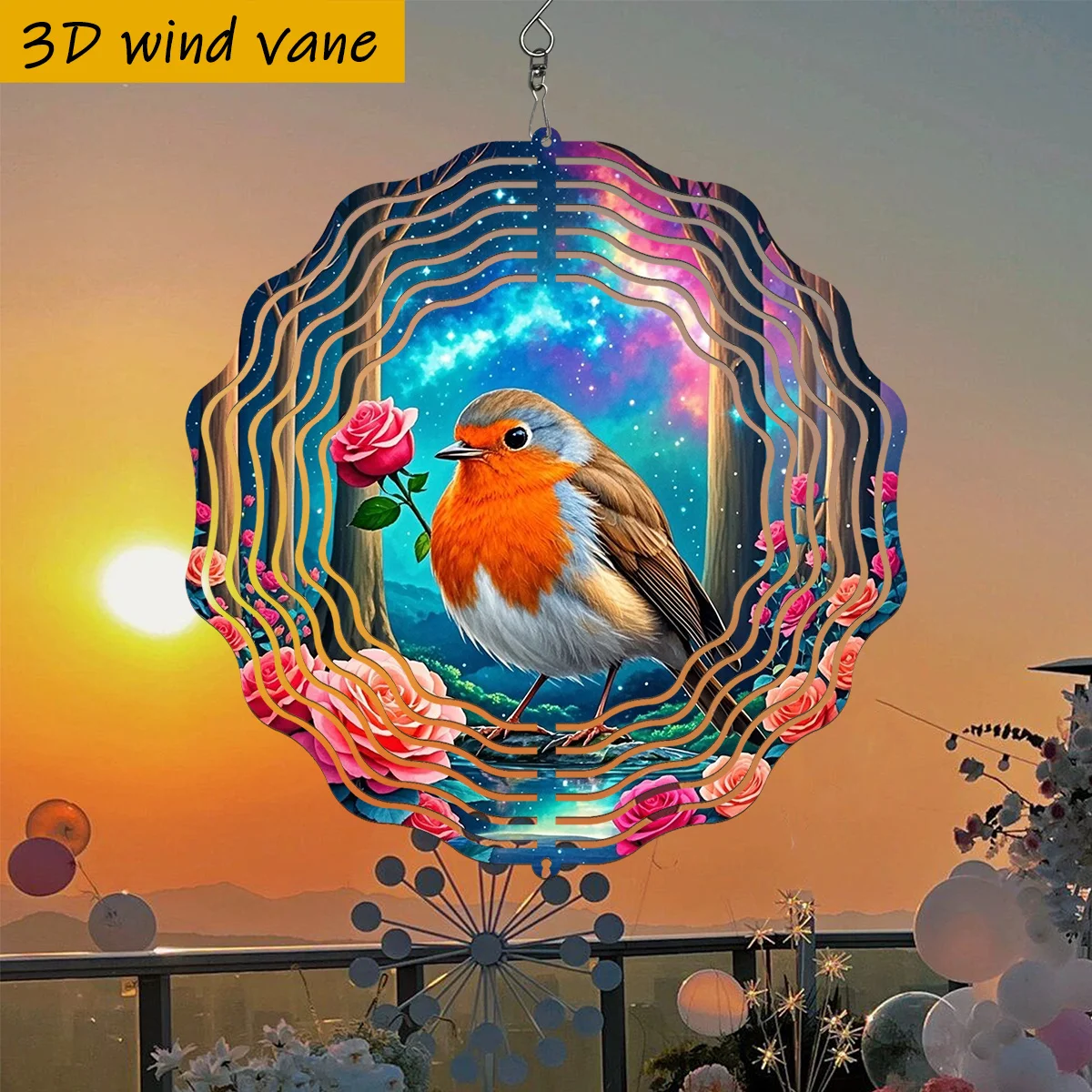 CIFBUY 3D Rotating Wind Spinner Metal Garden Art Decor Outdoor Yard Patio Hanging Ornament 360 Degree Spinning Hook