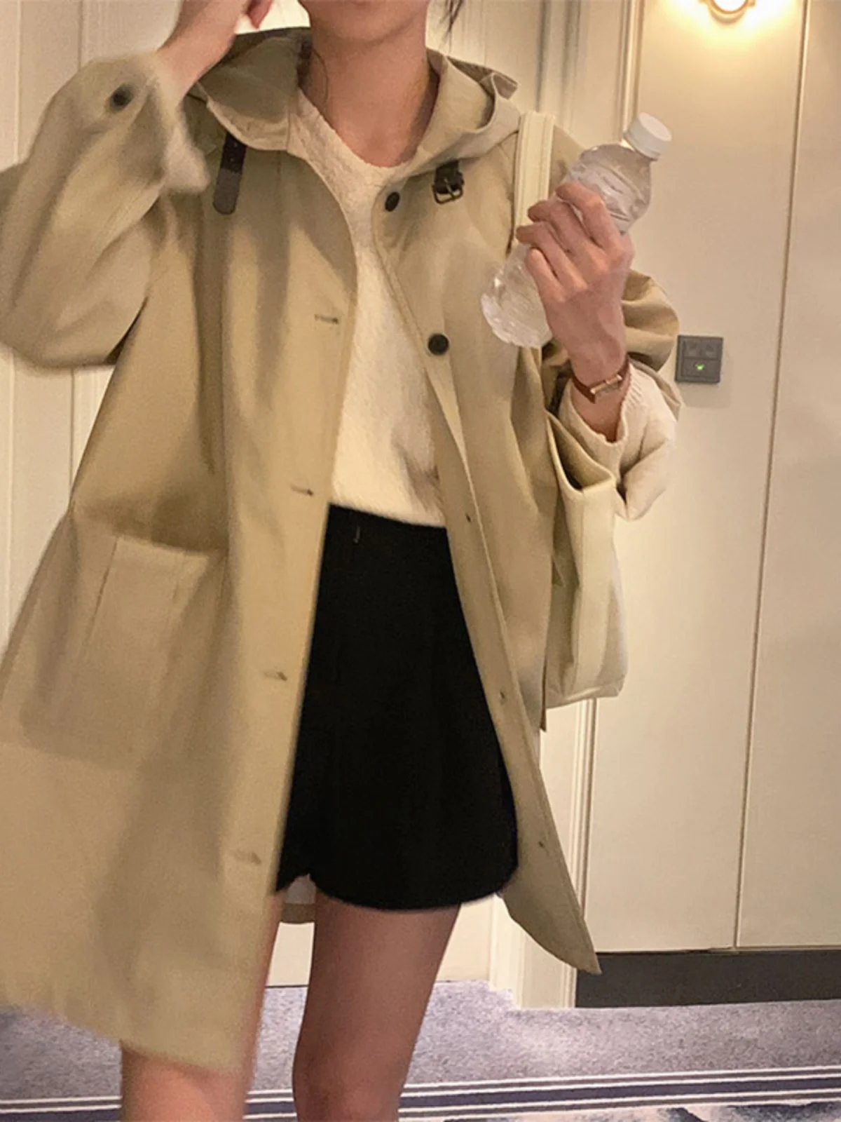 

Khaki Hooded Windbreaker Jacket Women's Casual British Style Loose Short plus Size Mid-Length Top Commute Long Sleeve Single ...