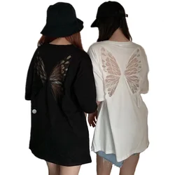 2024 Summer Perspective Lace Butterfly Hollow Out Tshirts Street Fashion Backless T Shirt Women Loose Sexy Club Tee Shirts Top