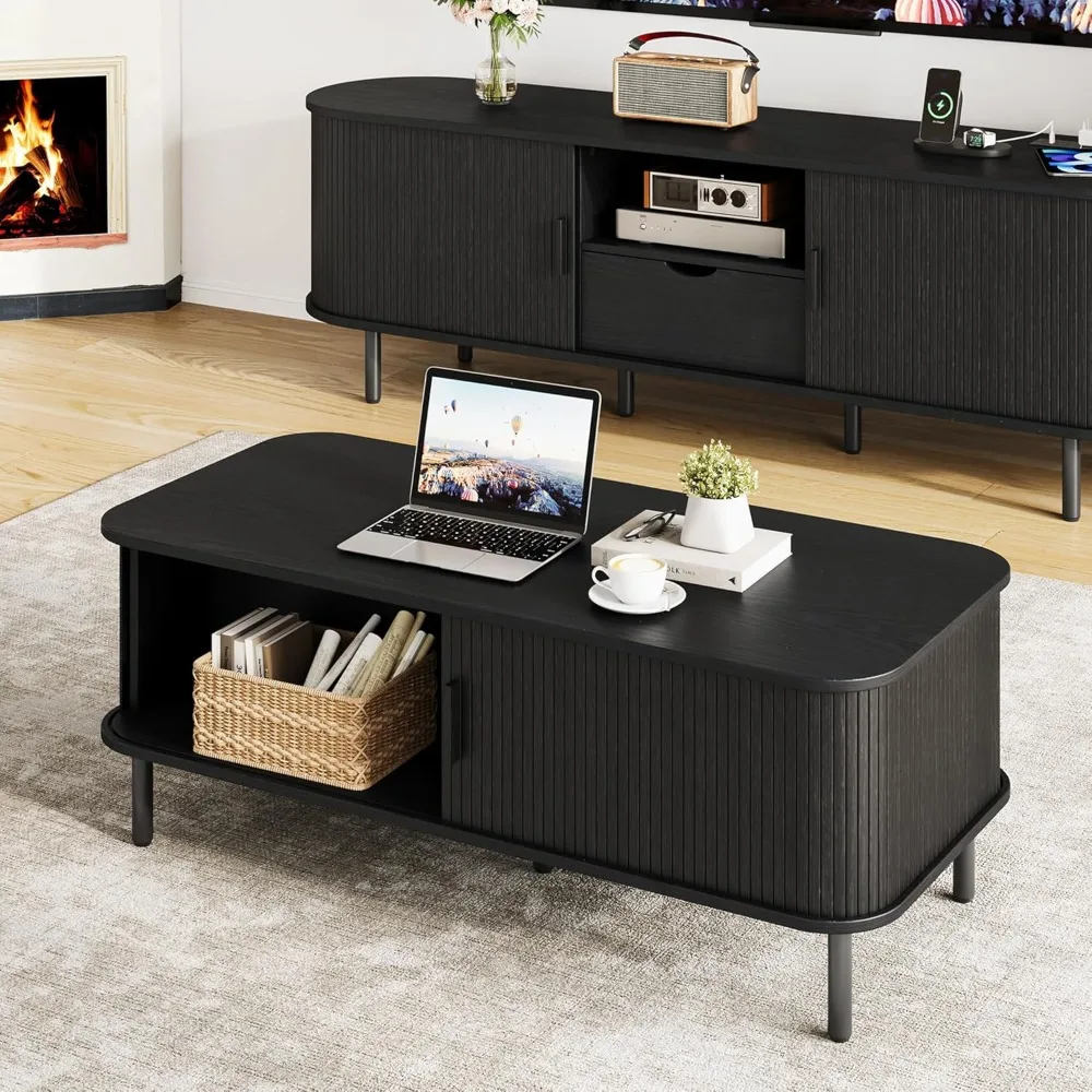 Mid-Century Modern Rectangular Coffee Table with Storage, 47.2 Living Room Wood Centerpiece with Sliding Shelf