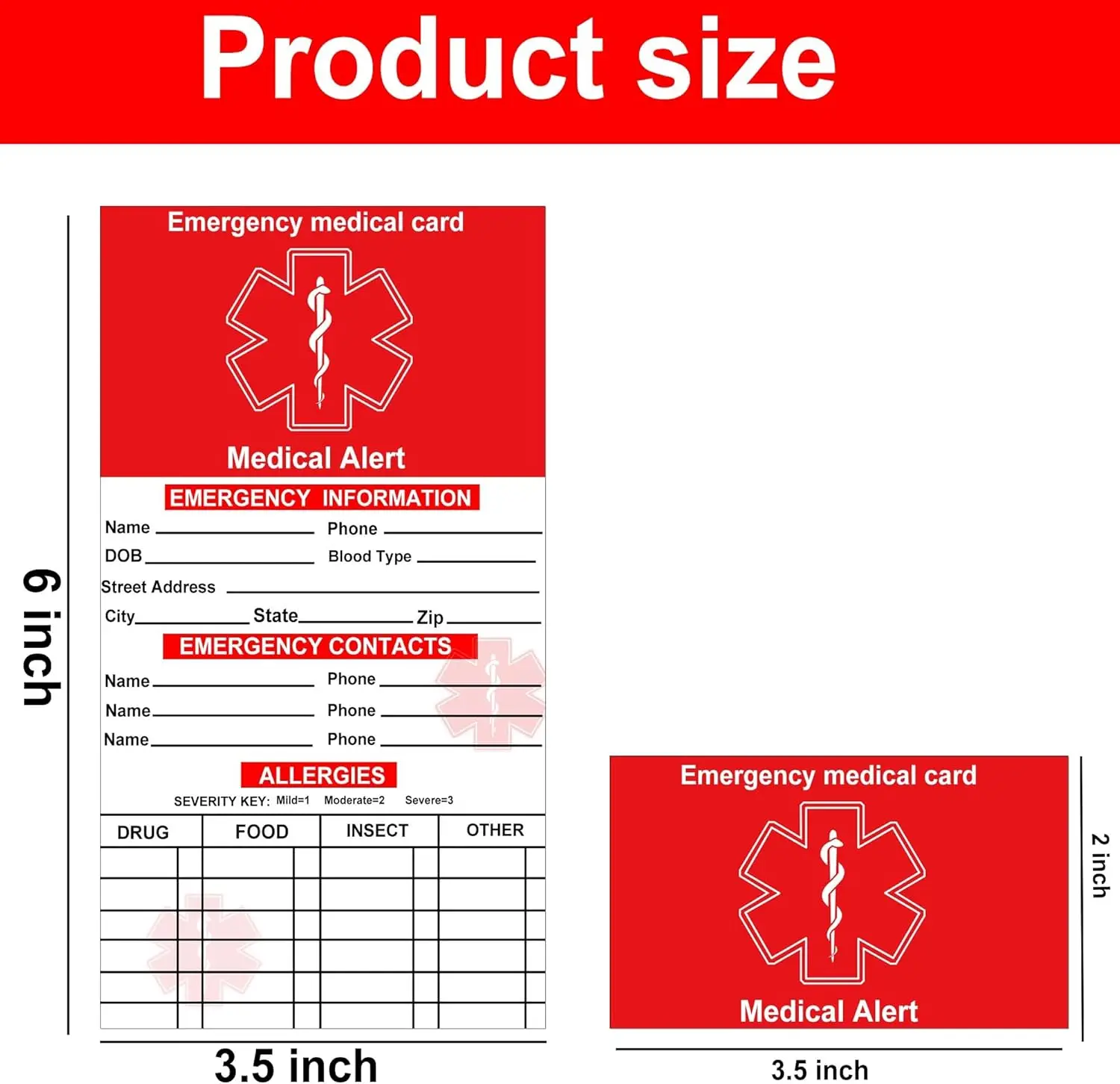 Red Medication List Card with Sleeves 10 Pack Emergency Contact ID Wallet Card 2 * 3.5inch Sleeves Medical Identification Tag