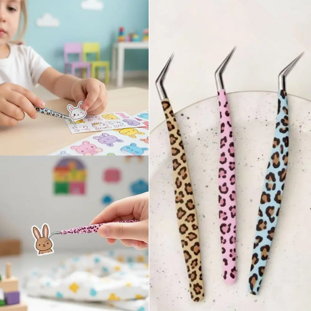 Stainless Steel Curved Stickers Tweezers Anti-static High Precision Lashes Extension Tweezer Leopard Print Eyelash Curler