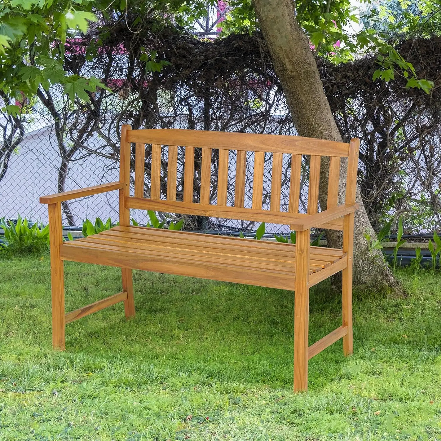 Banco de madera de Acacia para exteriores, Banco de jardín para 2 personas con respaldo y reposabrazos, Banco de jardín con asiento de listón para porche, Parque