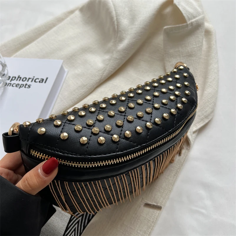 MOODS Luxury Women Crossbody Bags 2023 New Branded Designer Chest Bag Rivet And Tassel Decored Large Capacity Waist Fanny Packs