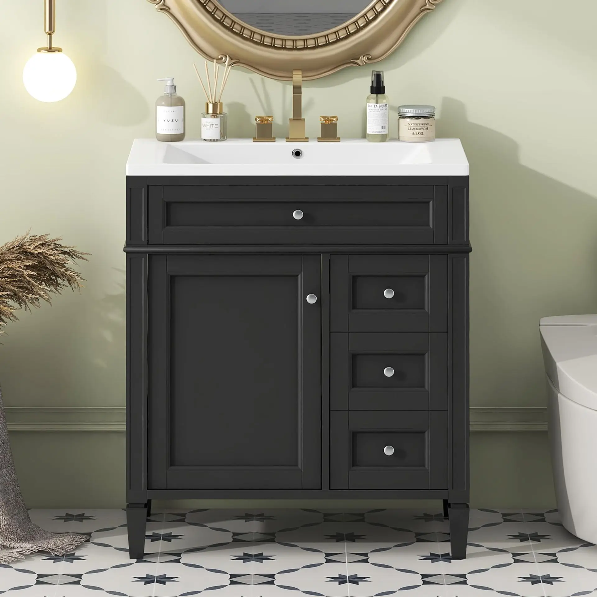 Bathroom Sink Cabinet 1 Door 4 Pumped Black Modern Design Simple Silver Handle Adjustable Foot Single Sink Below