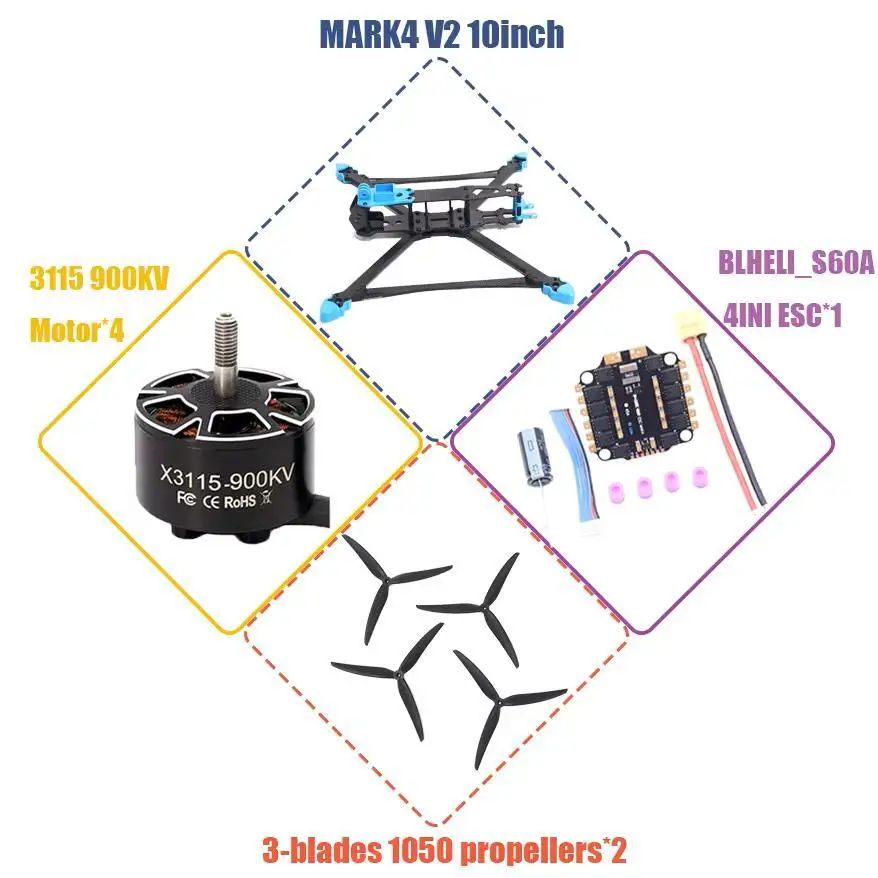 Angelto MARK4 V2 5 7 8 9 Controllo di volo da 10 pollici 45/60A 4INI ESC drone rack FPV fibra di carbonio PV Racing Drone Quadcopter Freestyle