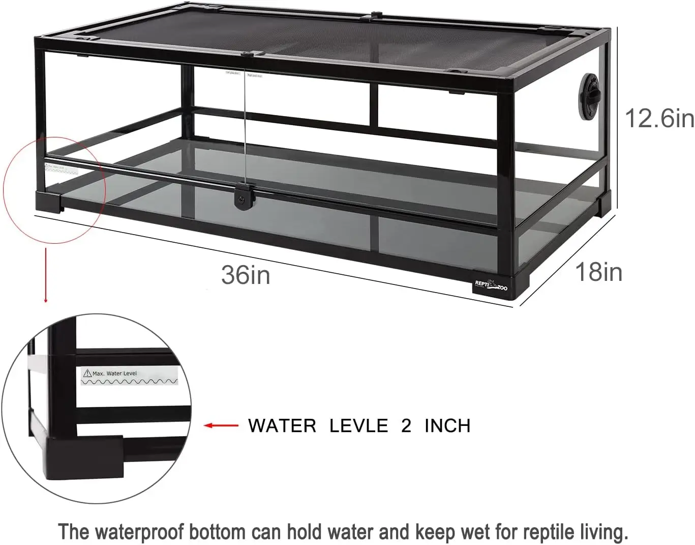 Full Glass 35 Gallon Reptile Tank Front Opening Wide & Low Reptile Terrarium 36" x 18"x 12" for Lizard Gecko Tortoise Snake