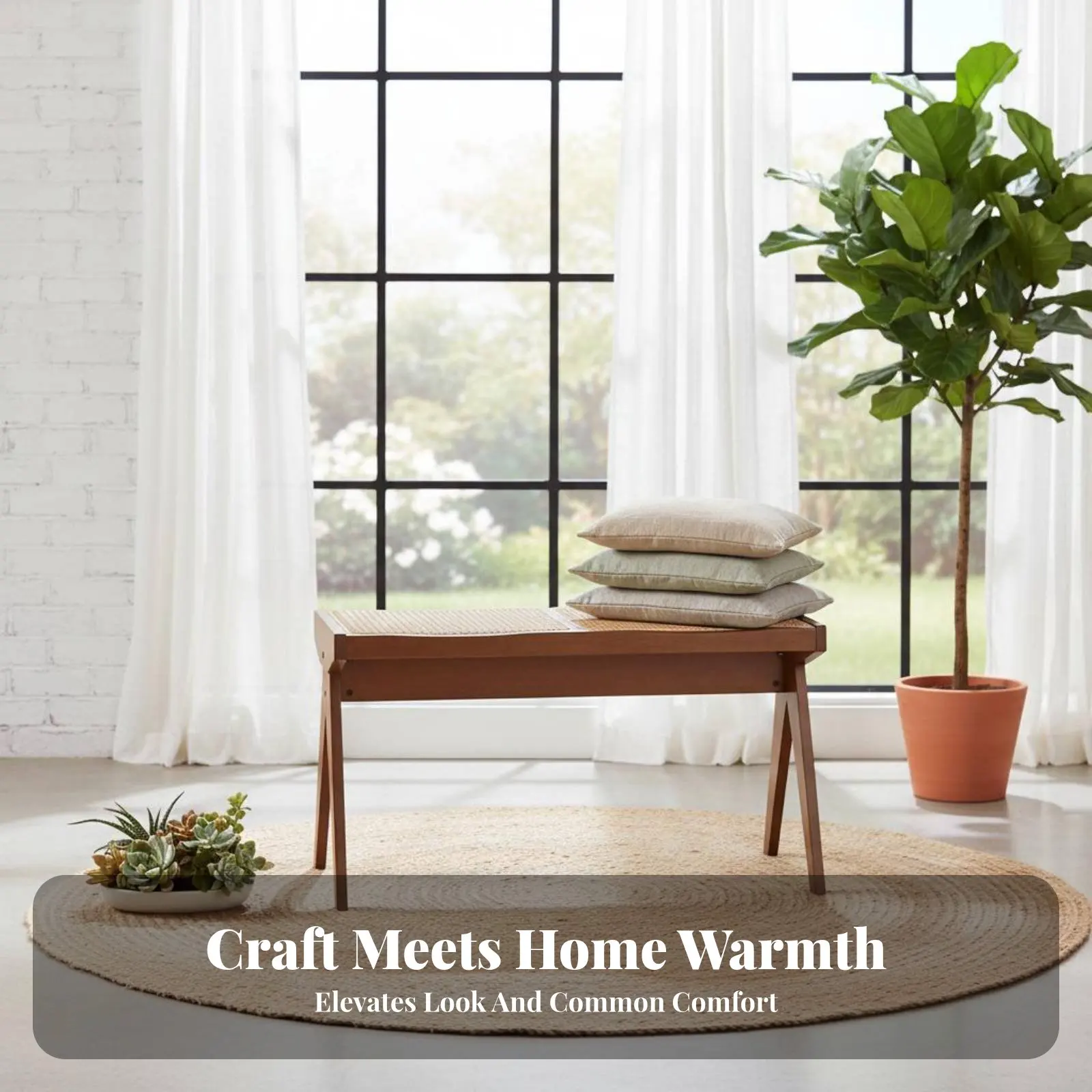 

V-Leg Rattan Bench Japanese rustic aesthetic artistic quality Long Stool Hand-Woven Seat Multi-Room Use for Adults, Bedroom