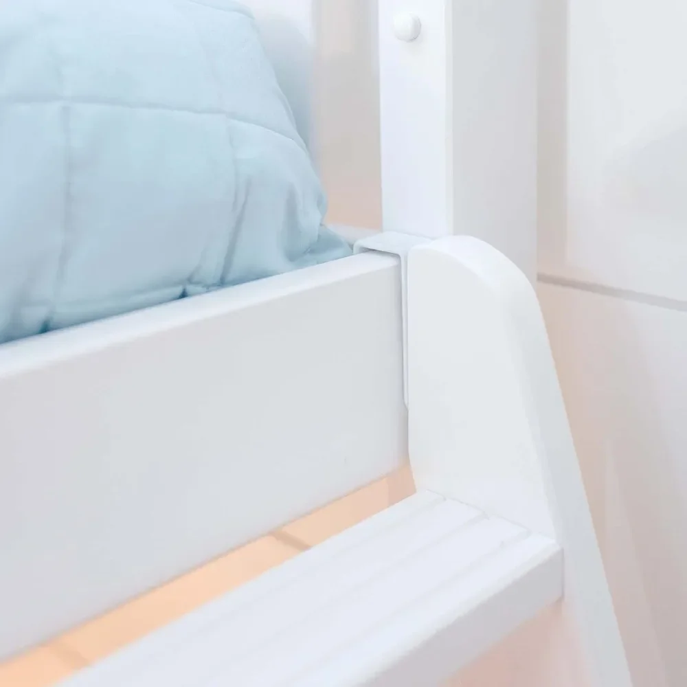 Cama alta dupla branca resistente para crianças e adolescentes com guardas e escada. Perfeito para maximizar o espaço em quartos, dormitórios.