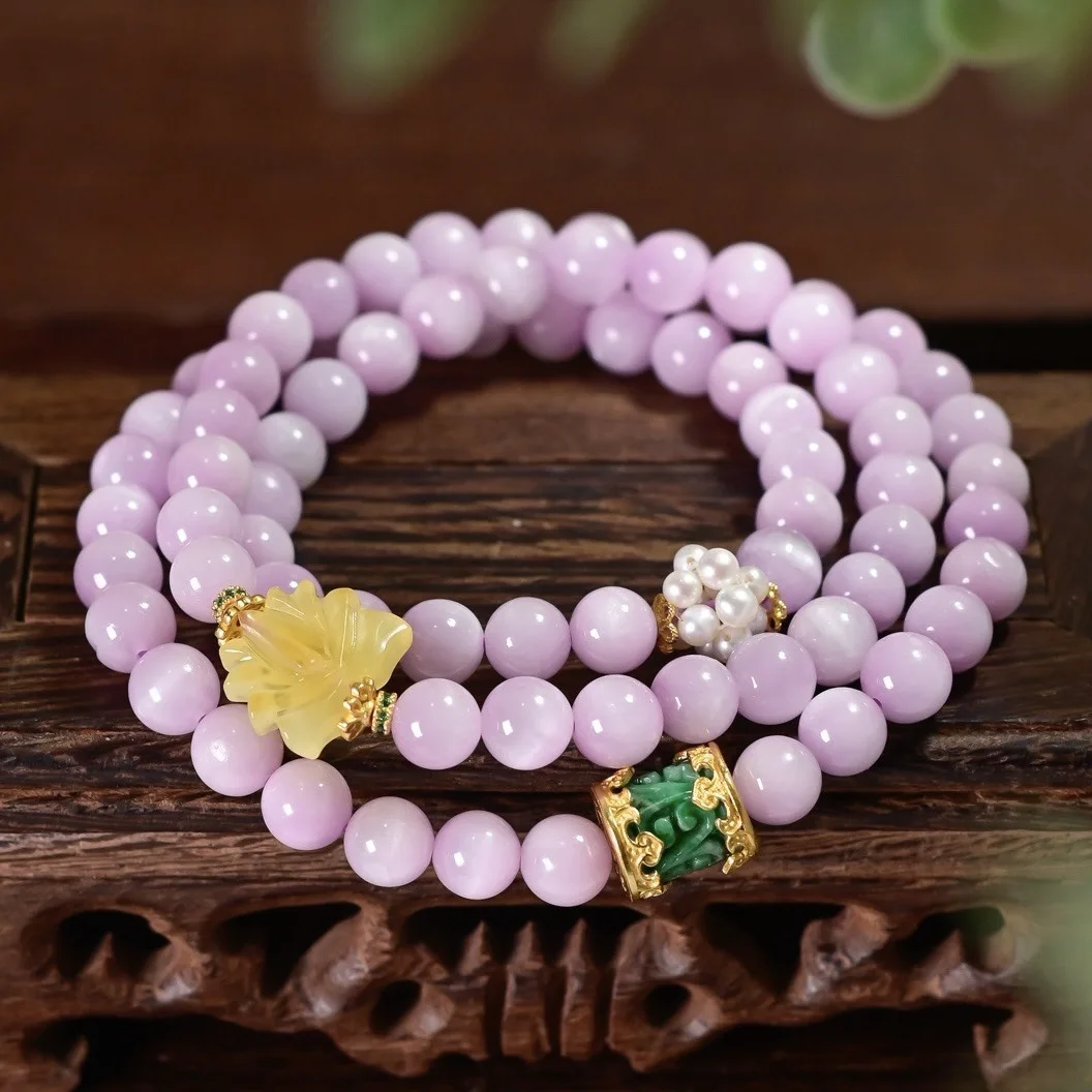 Natural Kunzite Multi-loop Bracelet Spicy Green Dry Jade Carving Amber Lotus Freshwater Pearl Women Hand Jewelry
