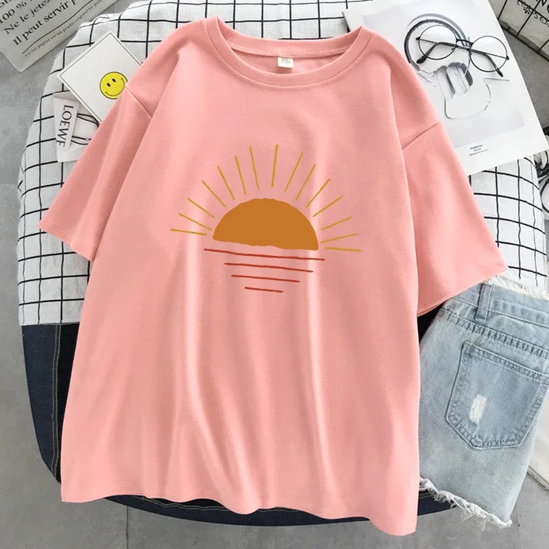 Kawaii Short Sleeve Fashion Oversized Tops Loose Sports T Shirt Sunset On The Coastline Printed Women T-Shirts Street Cotton