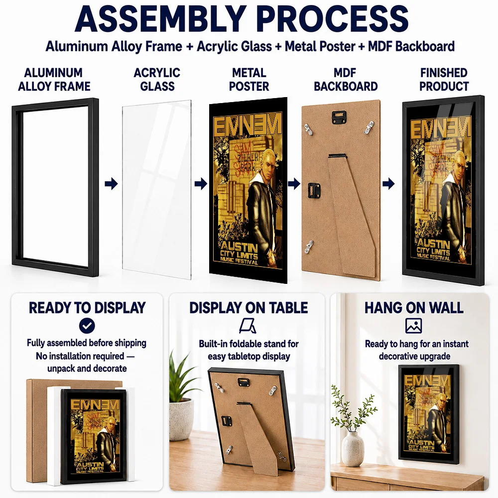 Eminem Framed Aluminum Metal Poster Customized Expressive Performer Illustration Wall Art For Bedroom And Vocal Collector Gift