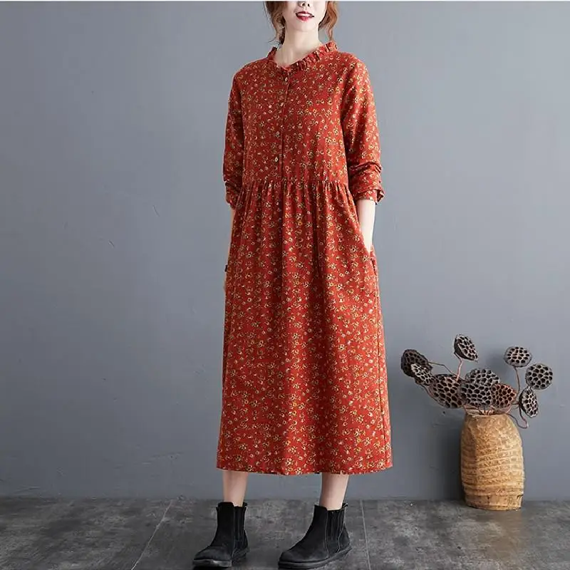 

Women Dress with Pocket Flower Pattern Vintage Midi Dresses Wide Loose Long Sleeve Plus Size Fall Autumn Spring Winter Woman New