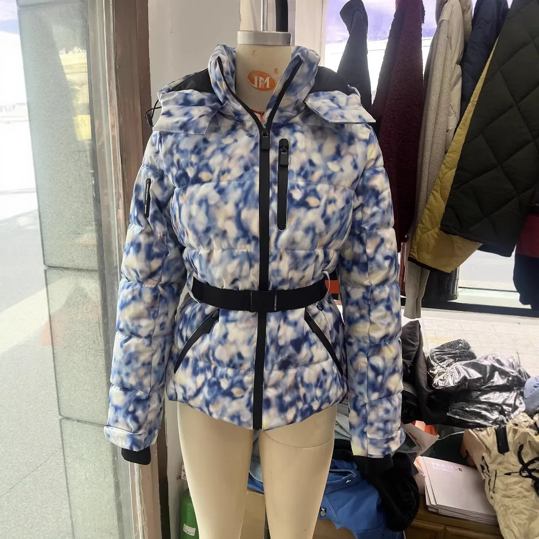 Women's Winter Hooded High Waist Padded Sport Parkas Coats with Belt Female Elegant Thick Warm Pockets Windproof Skiing Jackets