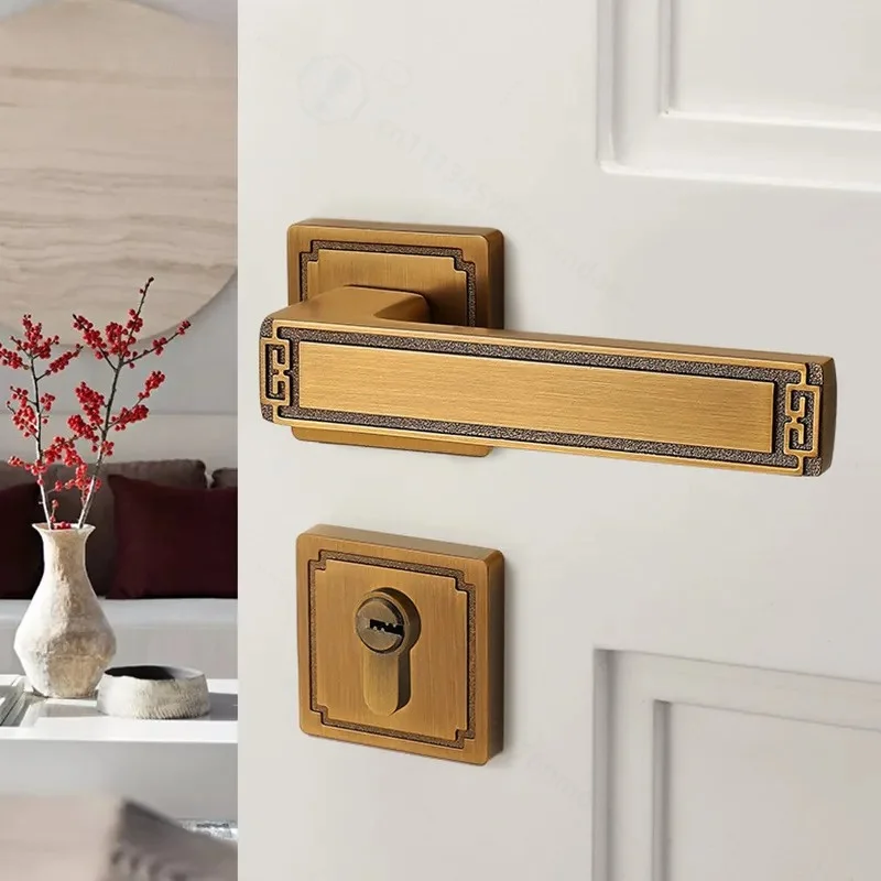 New Chinese Retro Bedroom Door Lock Yellow Bronze Wooden Door Handle Universal Split Magnetic Silent Door Lock