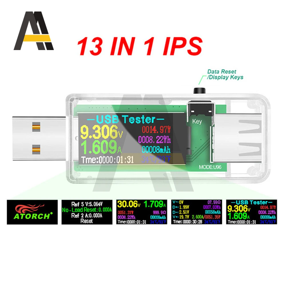 U96 13 في 1 USB تستر مؤشر الجهد الحالي مقياس التيار الكهربائي مقياس الطاقة تهمة تيار مستمر رقمي متعدد الفولتميتر Wattmeter