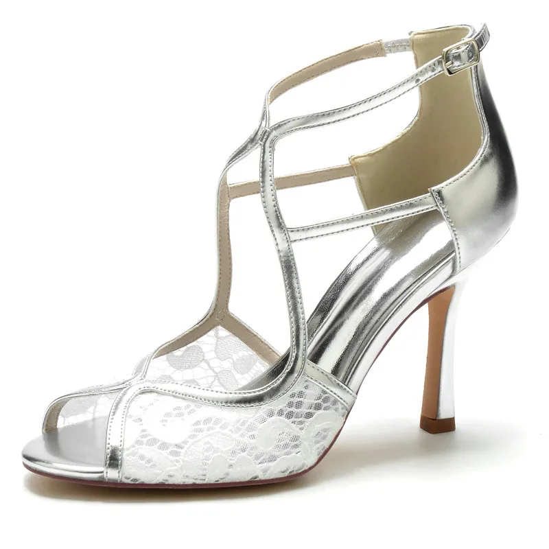 

Wedding Bridal Heels Sandals Shoes Women Open Toe Buckle Strap Lace Patent Leather Prom Evening Formal Heels Sandal Shoes