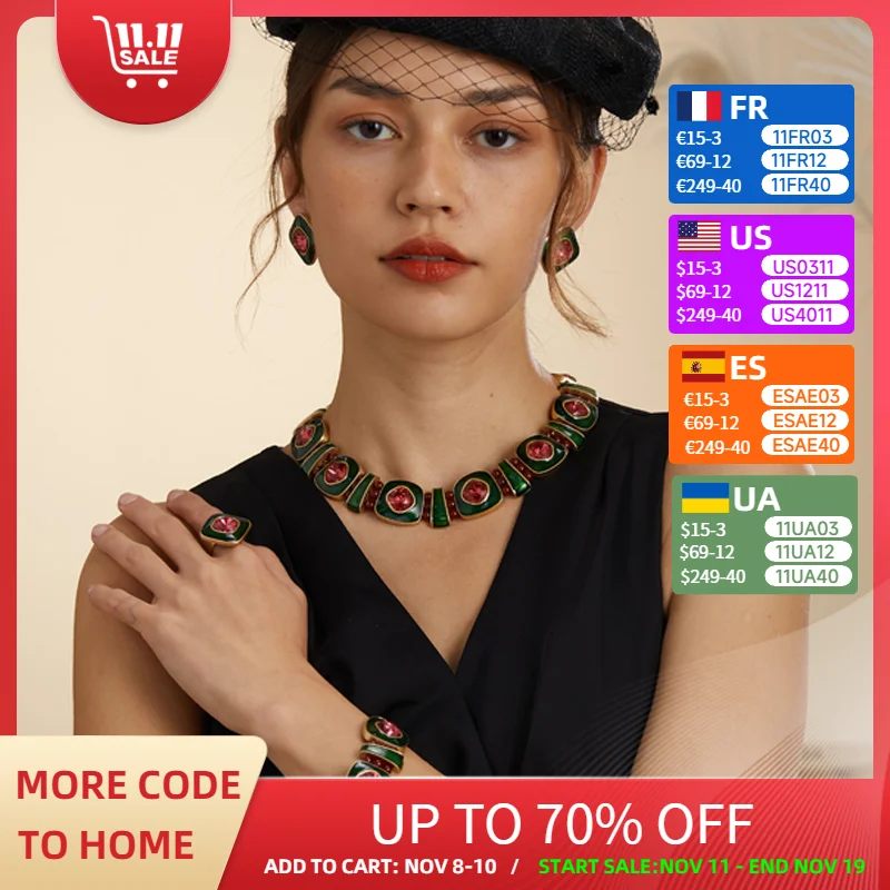 

Vintage Jewelry Sets For Women Wedding Green Enamel Earrings Stud Pink Crystal Necklace Choker Bead Luxury Trending 2025 New In