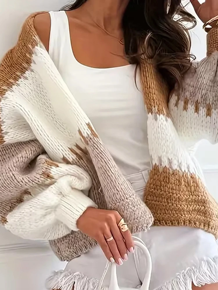 

Fall Winter Casual Sweaters Cardigan Elegant Color Blocking Street Loose Short Coats Women's Fashion V-neck Long Sleeve Knitted