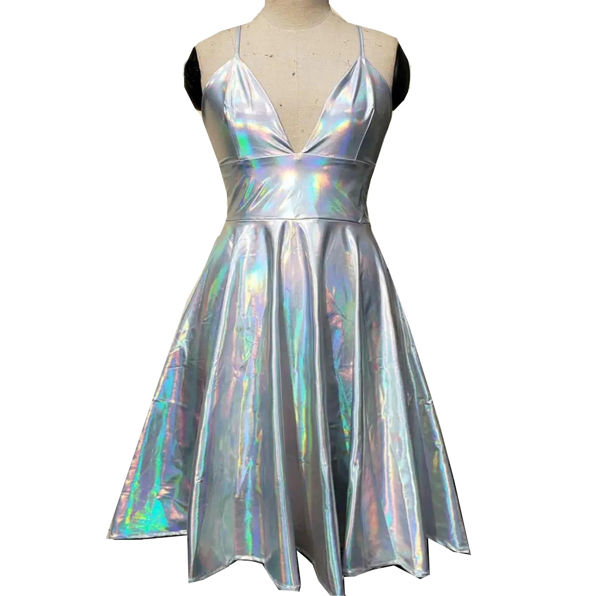 

Rainbow Holographic Alien Party Skater Dresses Women Rave Clothes Outfits Short Homecoming Cocktail Dress