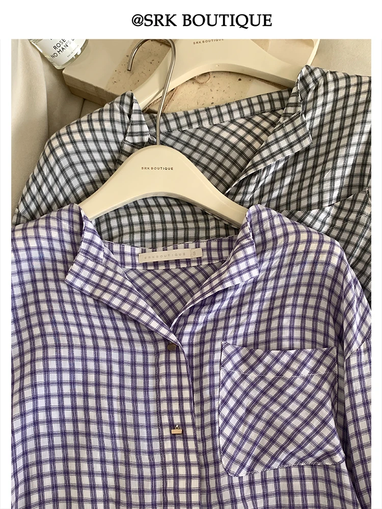 

Женская клетчатая рубашка SRK свободного кроя с длинным рукавом, круглым вырезом, на пуговицах, для весны и осени, повседневная, модная, дышащая, удобная, с V-образным вырезом
