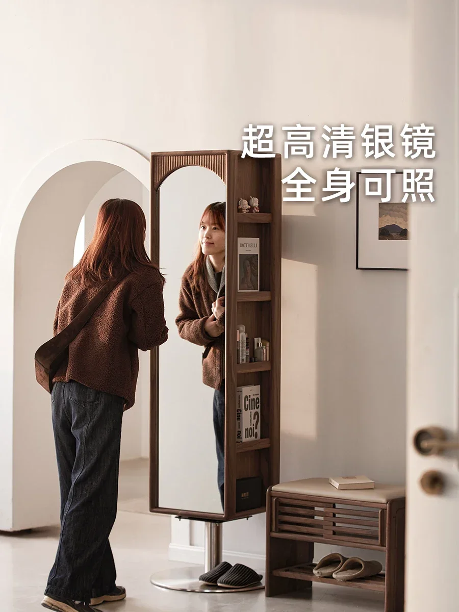 Full-Length Mirror Black Walnut Household Floor Hallway Dressing Mirror Rotating Mirror Storage Bookcase