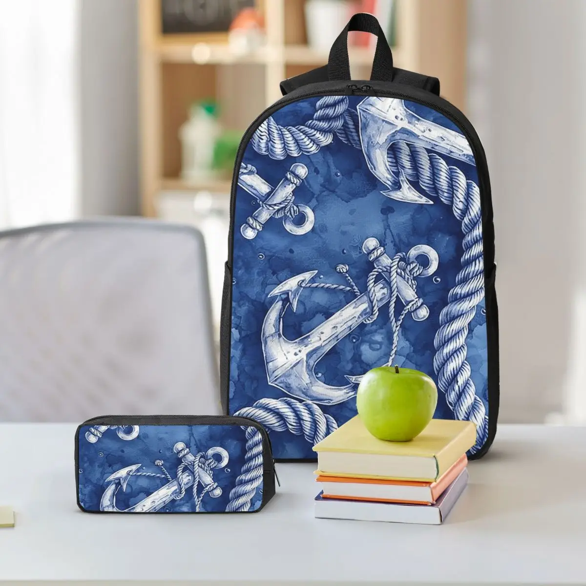 Navy Blue Nautical Anchor-Shaped Backpack Boys Girls BookBag School Bag Shoulder Bags 3ps Insulated Lunch Bag Pencil Case