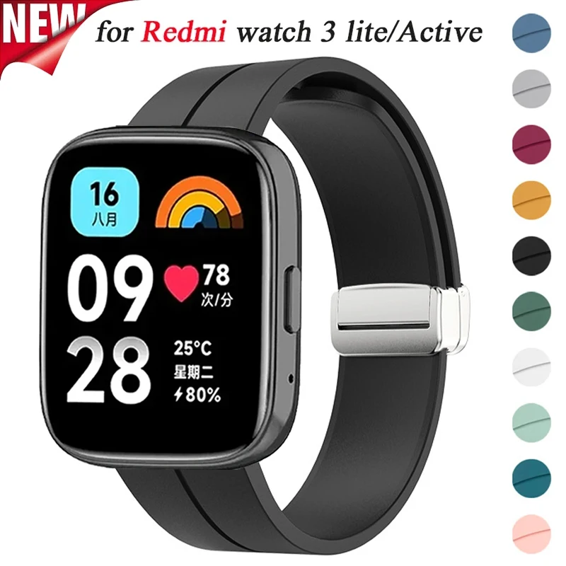 Pulseira de Silicone Magnética para Redmi Watch 3, Banda de Substituição Ativa 22mm, Pulseira para Xiaomi Redmi Watch 3 Lite, Pulseira Correa