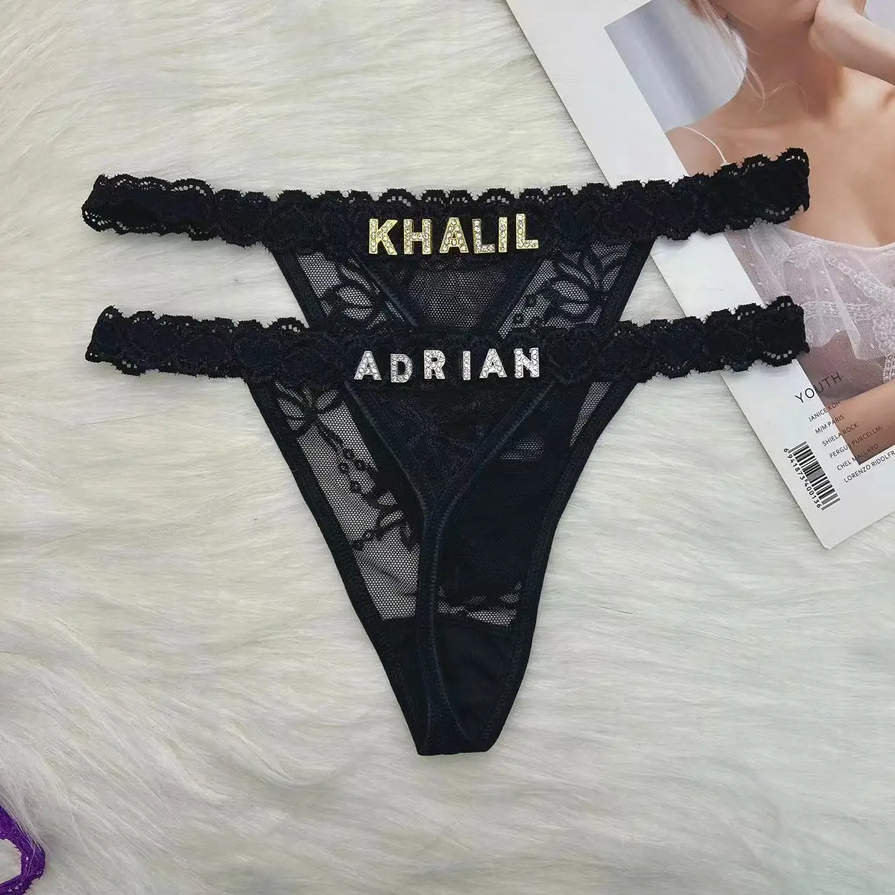 Custom Thong Name Customized Thongs Rhinestone Letters Lace Thongs Personalized Underwear Panties G-String Tanga Jewelry Gift