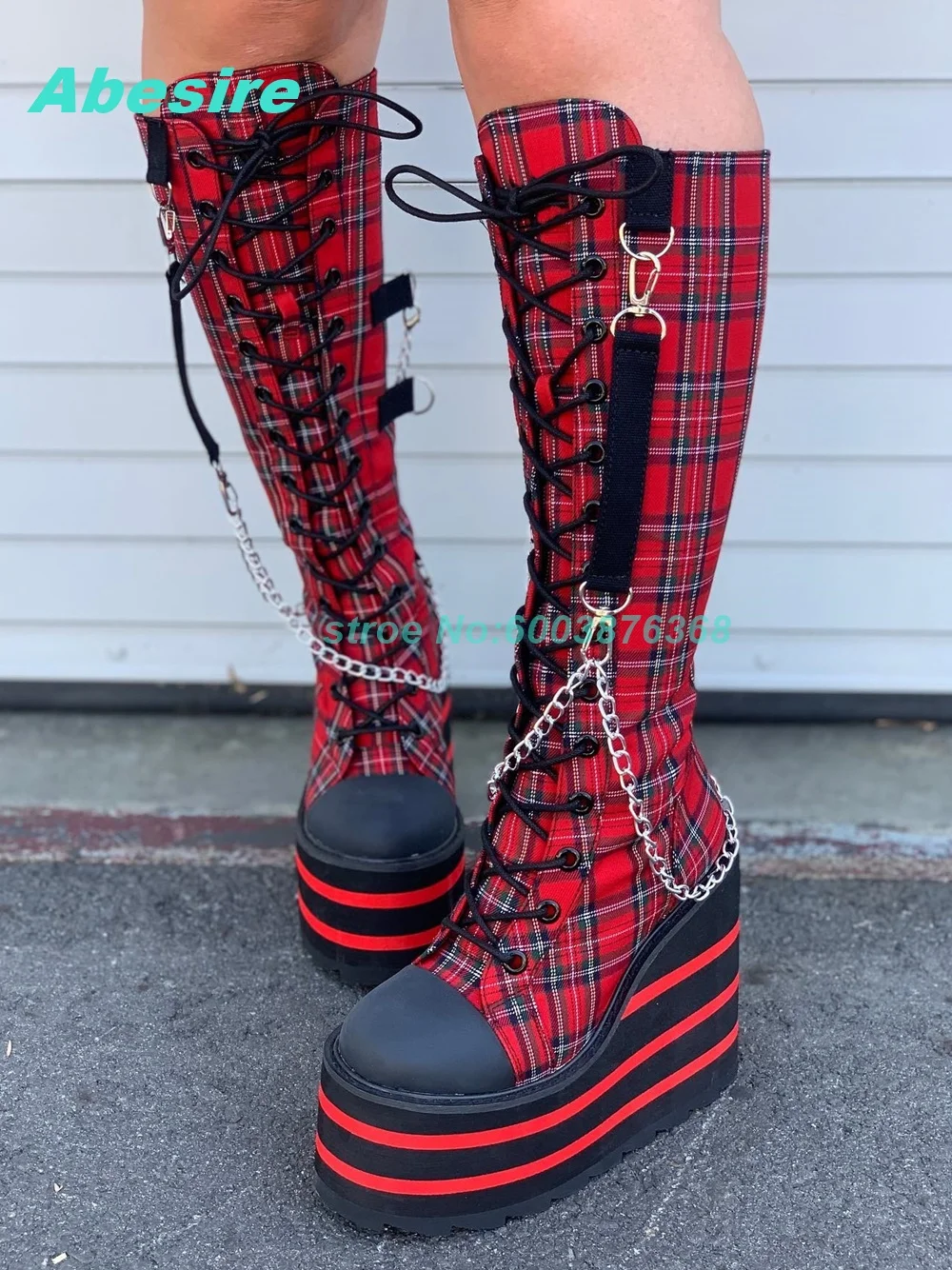 Back-Zipper Lolita Sweet Cool Shoes Red Checkered Chain Platform Knee High Boots Round Toe Wedges Cross-Tied Shoes for Women