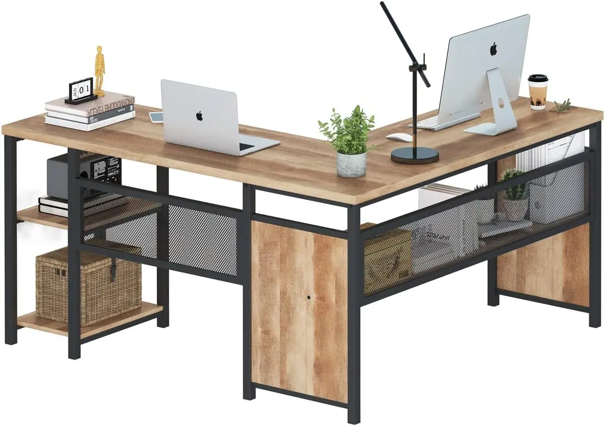 L-shaped computer desk, industrial rustic desk with lockers, reversible wood and metal corner table for home office