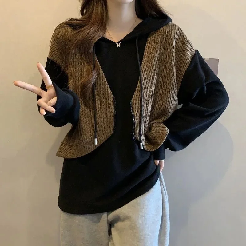 2026 Early Autumn New Arrivals Oversized Long Sleeve Patchwork Padded Top For Women Plus Size Loose Fit Hooded Sweatshirt Brown