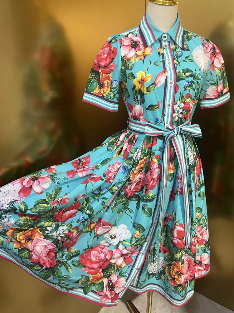 Spring Summer Fashion Designer Vintage Floral Print Dress Women's Lapel Button Frenulum Gathered Waist Slim A-LINE Long Dress