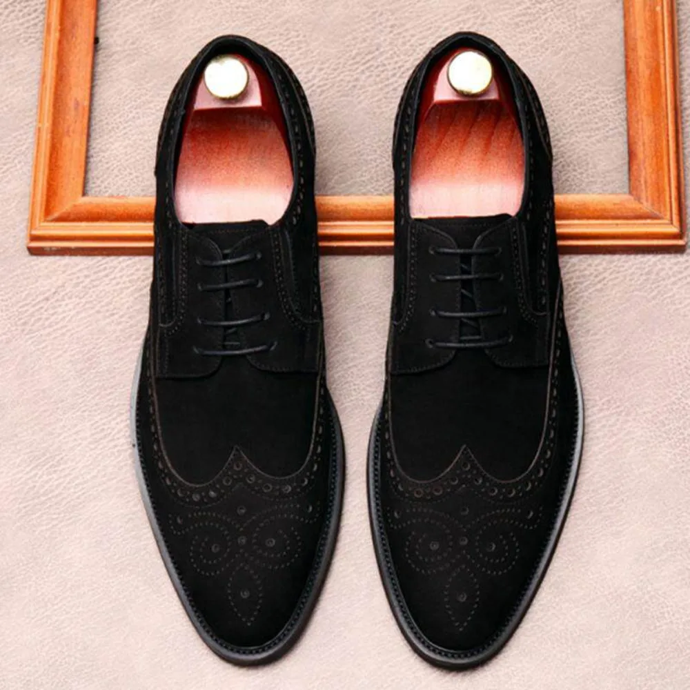 Genuine Leather Brogue Carved Mens Formal Shoes Vintage Suede Breathable British Style Business Casual Dress Shoes