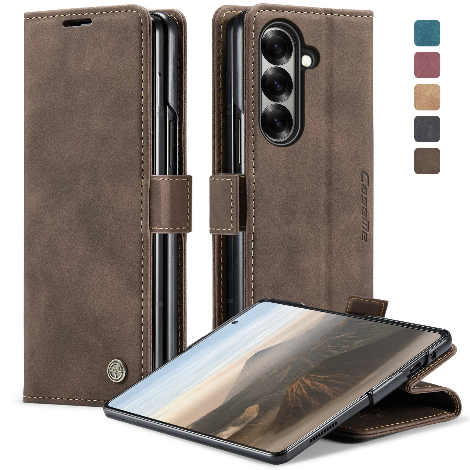 

CaseMe-013 For Samsung Galaxy Z Fold 5 6 7 Shockproof Shell, Luxury Magnetic Flip PU Leather Wallet Case Card Slots Stand Cover
