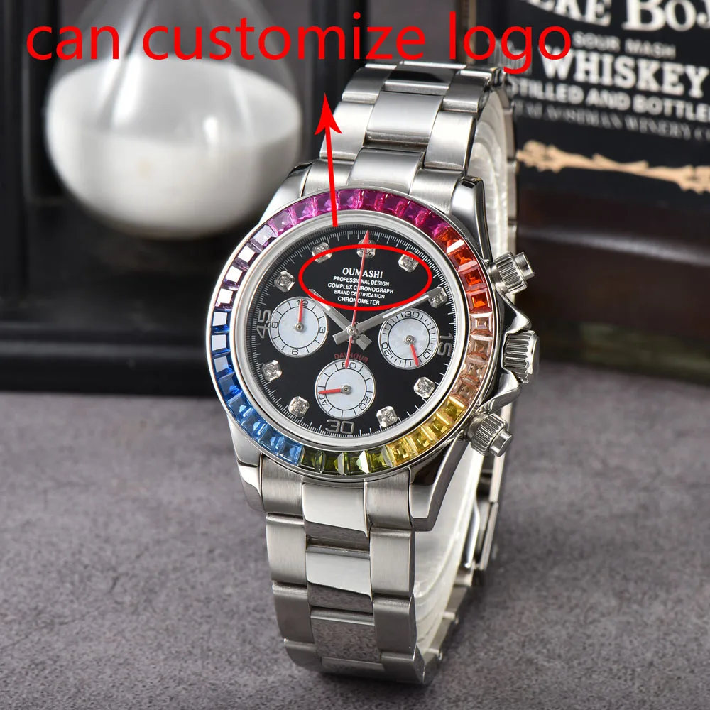 39.3mm luxury men's VK63 quartz watch with diamond bezel rhinestone dial stainless steel sapphire crystal case customized logo