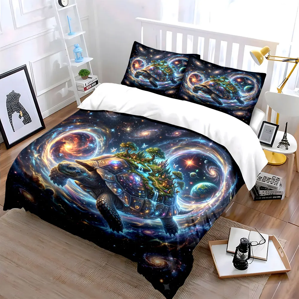 Dreamlike Turtle World in Cosmos Duvet Cover Set with 3D Printing Design Soft Polyester Bedding Set All-Season Comfort
