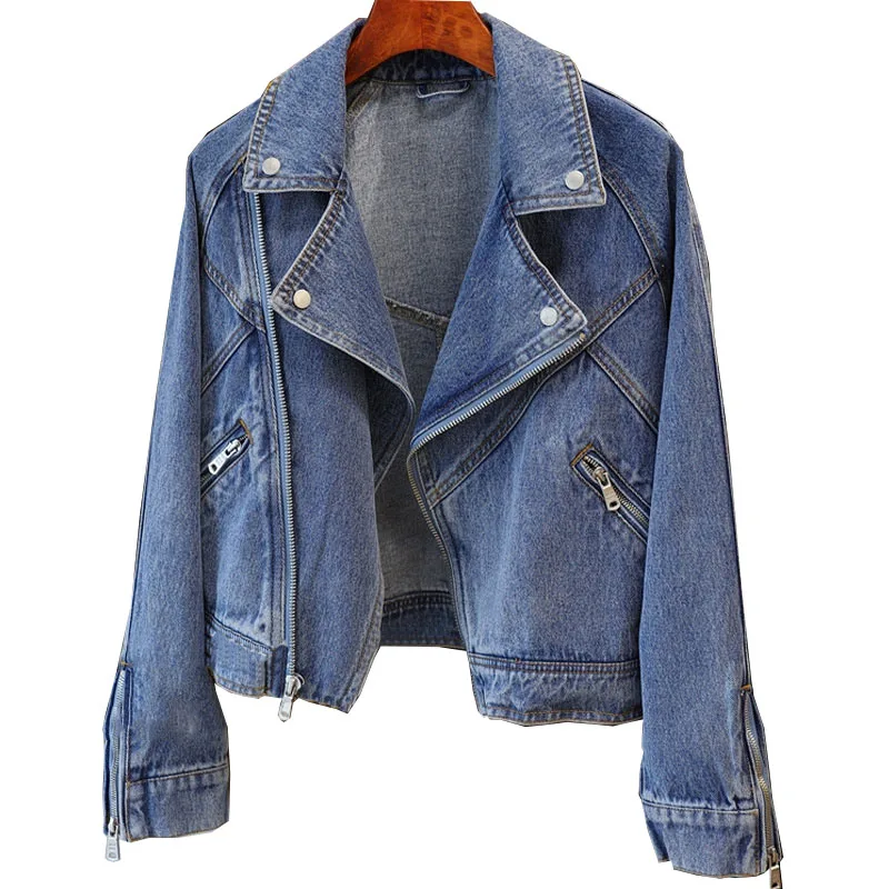 

2024 Fashion Turndown Collar Zip-up Denim Coat Women's Moto Bike Short Jean Jacket Loose Outerwear Streetwear Lady Casual Tops