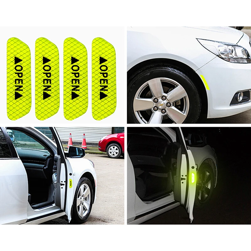 4pcs Fluorescent Green Car Door Open Sticker Reflective Tape Safety Warning Decal