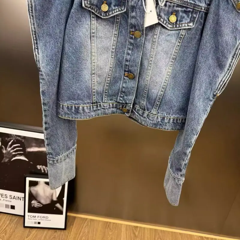 Woman Peaked Collar Denim Jacket Streetwear Retro Triangular Shoulder Spliced Jeans Coat Holes Long Sleeve Cowboy Outwear Tops