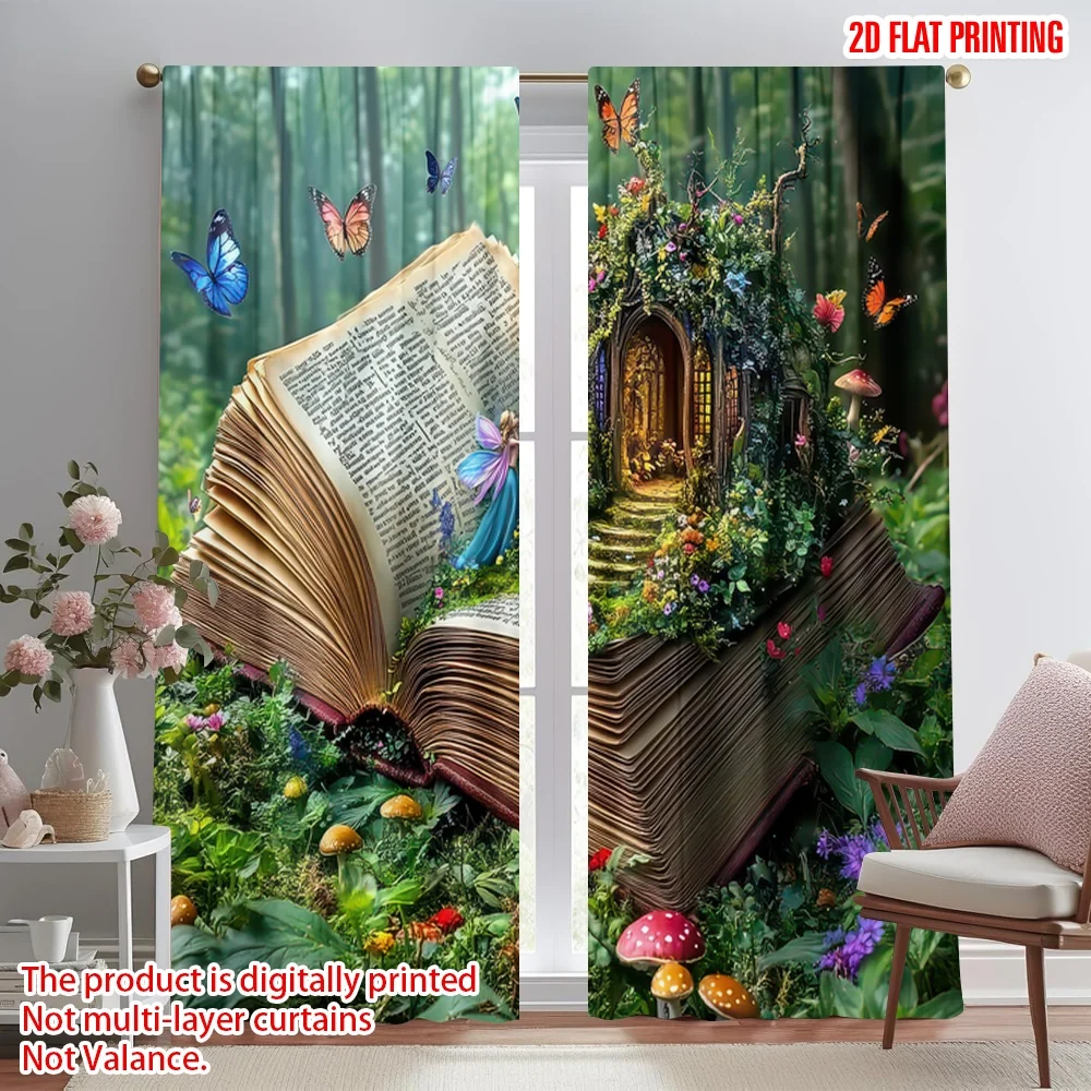 

2D flat printing 2pcs Window Treatment Curtains Fairytale Book Fantasy Scene Digital Printed Polyester Drapes Seasonal Party &