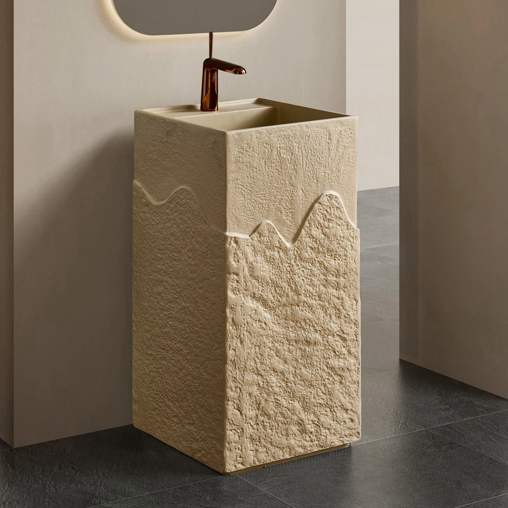 S*& Wabi Sabi Style Square Bathroom Pedestal Sink Cream Color Free Standing Art Sink Artificial Stone Indoor Pedestal Wash Basin
