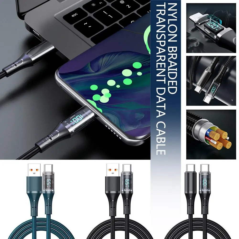 High Speed Charging Cable 100W/66W Fast USB/Type-C to Type-C Charging Cable With Visible Digital LED Display for Samsung