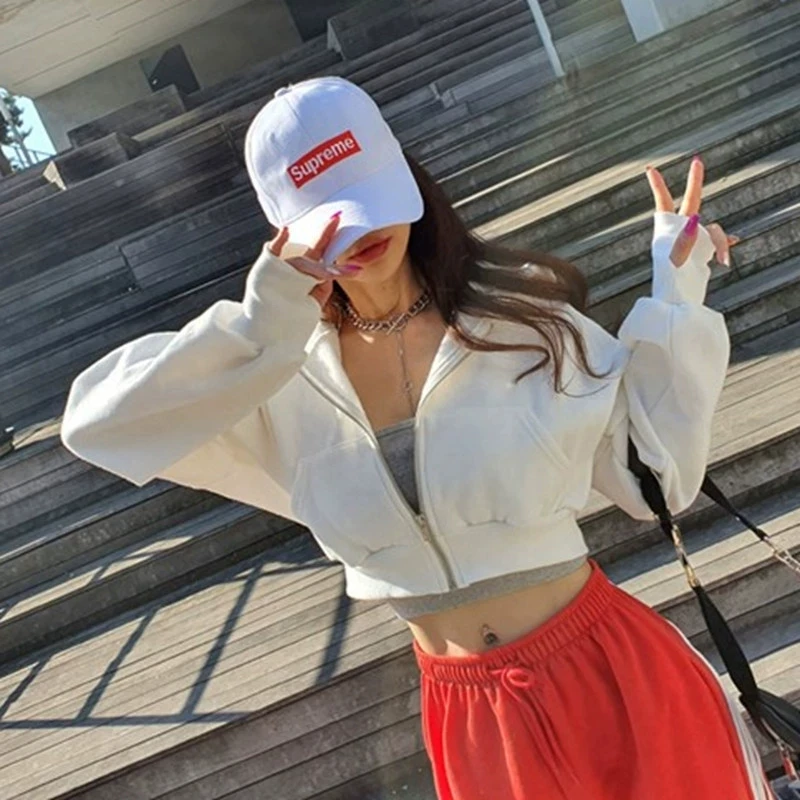 Alta qualidade branco com capuz jaqueta feminina moda streetwear recortado moletom feminino harajuku zíper manga gota hoodies casaco